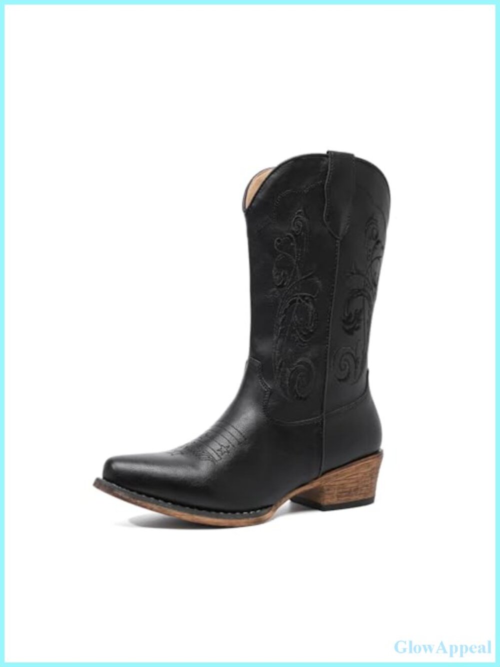 Embroidered Cowboy Boots Women Pointy Toe Mid Calf Leather Western Boots